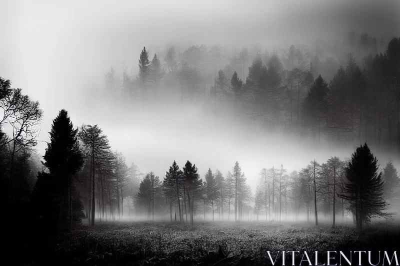 Mysterious Monochrome Forest: A Scottish Landscape in Fog AI Image