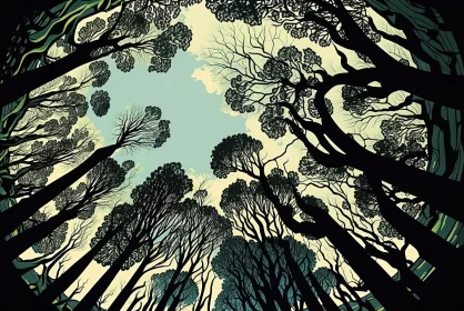Nostalgic Forest Illustration in Sky-blue and Black