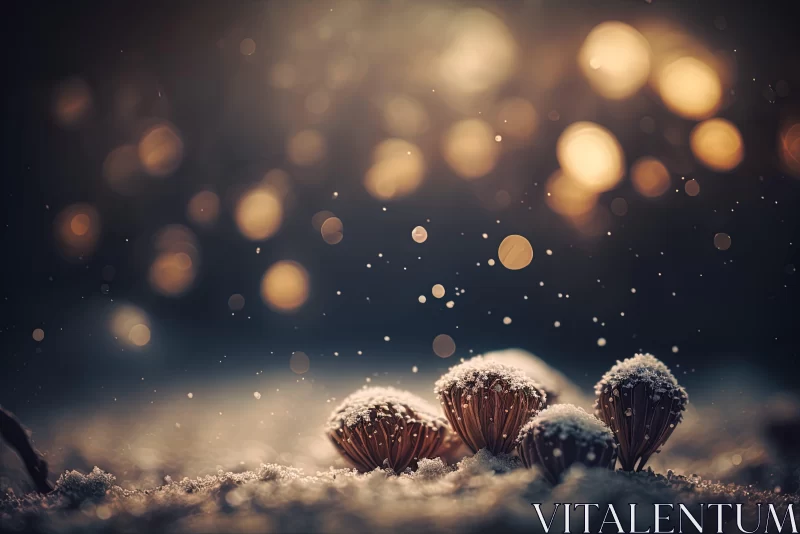 AI ART Winter Mushrooms Illuminated in Snow - A Fairytale Evening