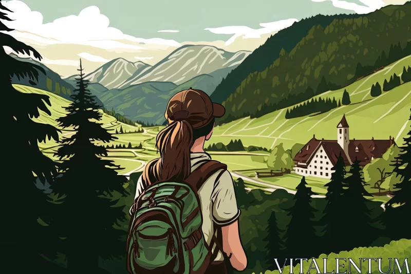 Young Woman Adventuring in Alpine Wilderness - 2D Game Art Style AI Image