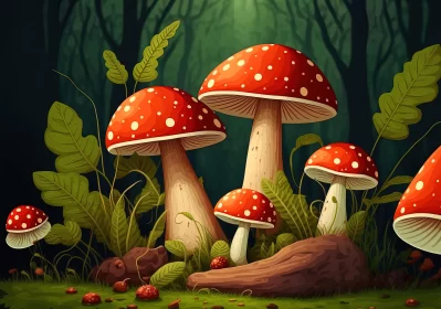 Detailed Cartoon Illustration of Red Mushrooms in Forest AI Image