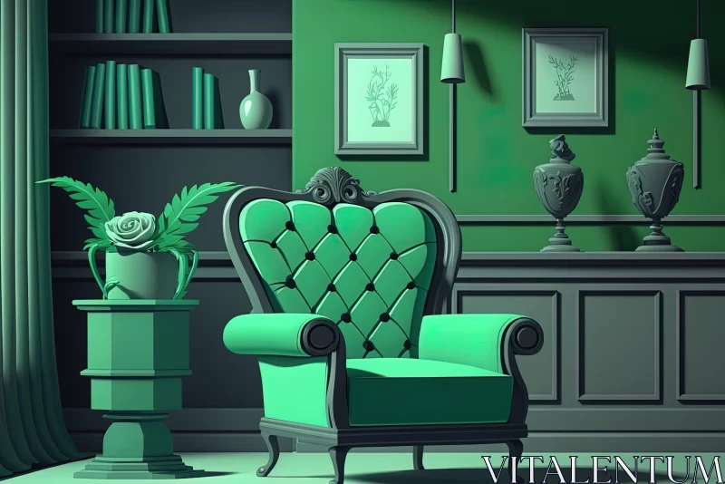 AI ART Emerald Room with Tweed Chair: A Monochromatic Fantasy