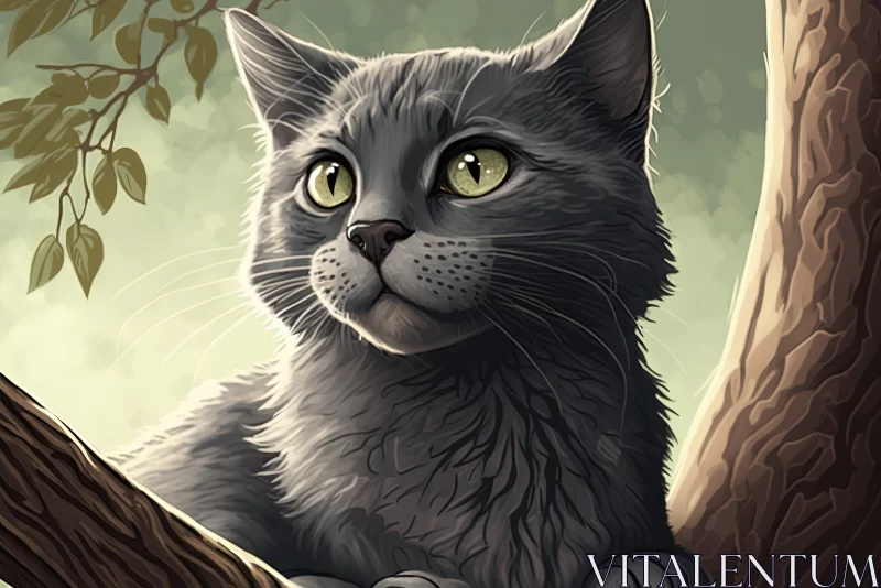 Grey Cat on Tree Limb: A Storybook Illustrated Portrait AI Image