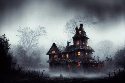 Hauntingly Beautiful House Amidst Foggy Forest AI Image