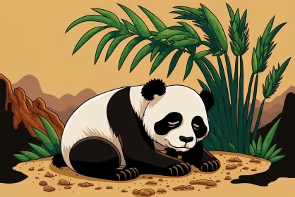 Pensive Panda Cartoon Illustration in Exotic Landscape AI Image