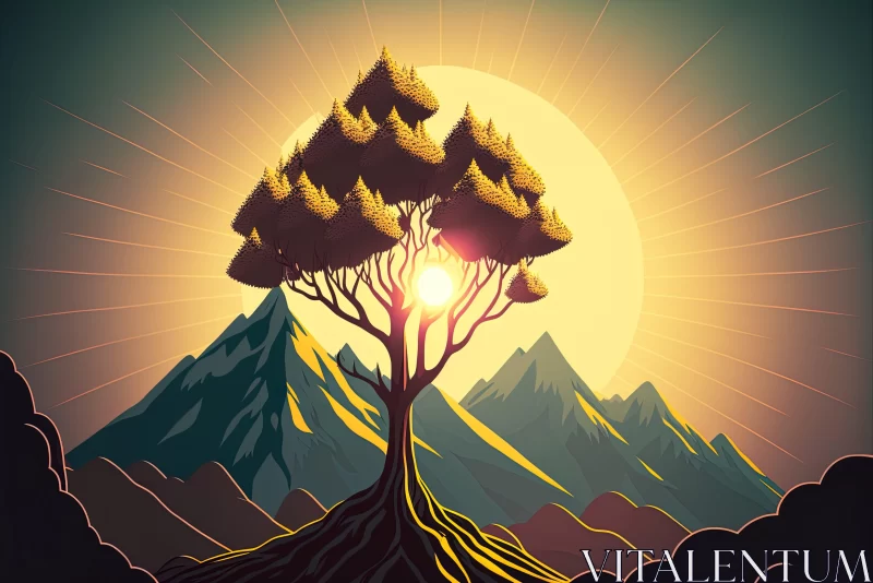 Golden Age Style Illustration: Tree Near Mountains with Sun AI Image