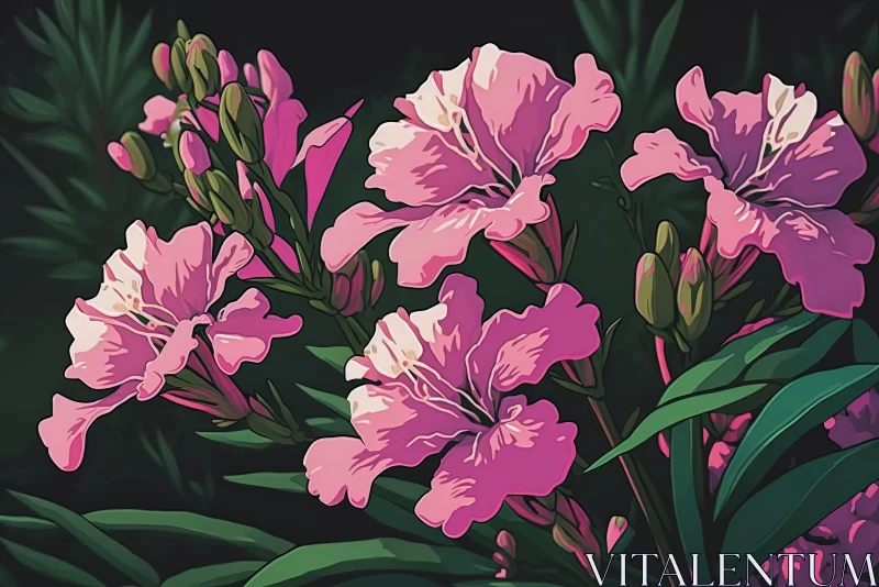 Pink Flowers Blooming in Green - Art Nouveau Style AI Image