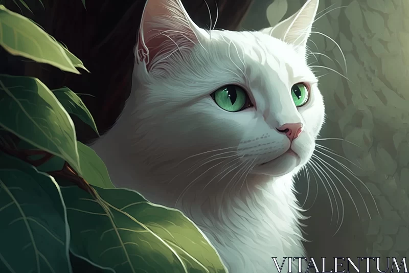 White Cat with Green Eyes in Forest - Charming Character Illustration AI Image