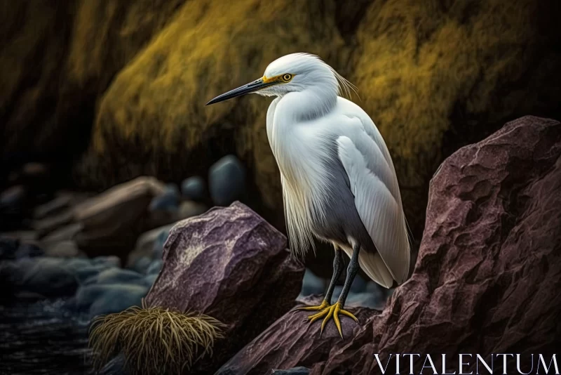 White Egret on River Rocks: A Fine Art Portraiture AI Image