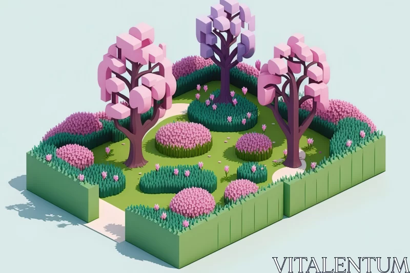 3D Rendered Park with Pink Flowers and Trees AI Image