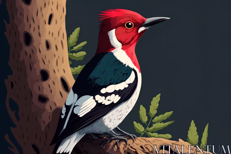 Charming Mid-Century Illustration of a Red and White Woodpecker AI Image