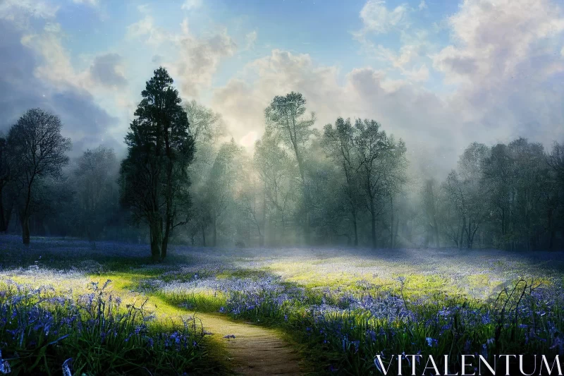 Sunlit Forest Trail Adorned with Blue Flowers - Ethereal Landscape AI Image