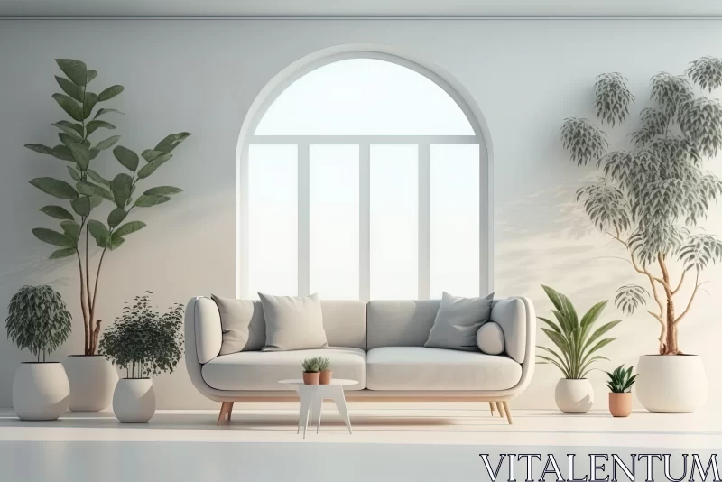 White Living Room with Lush Greenery and Minimalist Tendencies AI Image