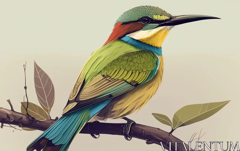 Colorful Bird on Branch: A Detailed Illustration AI Image