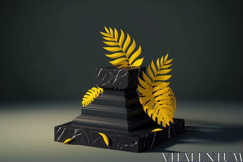 Surrealistic Black Pedestal with Golden Leaves - Abstract Art AI Image