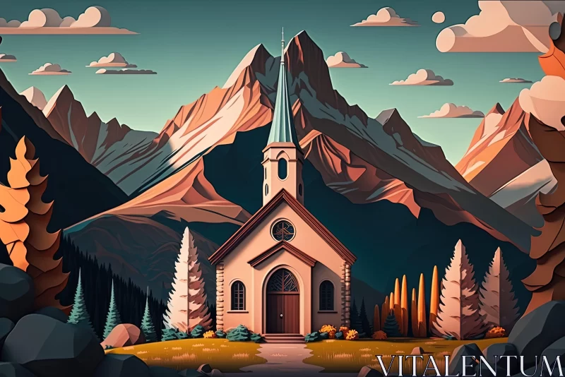 Warm Palette Church in Mountains - Detailed Cartoon Illustration AI Image