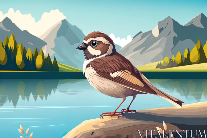 Brown Bird by Lake Illustration in Detailed Realism AI Image