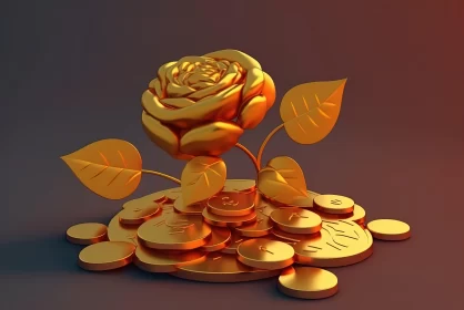 Surrealist Golden Rose on Coins - A Flowerpunk Monochromatic Illustration AI Image