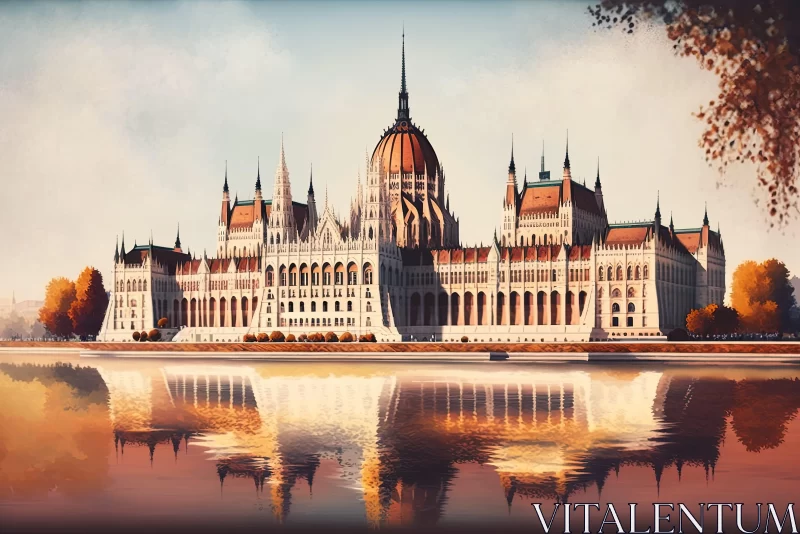 Watercolor Illustration of the Hungarian Parliament Building in Autumn AI Image