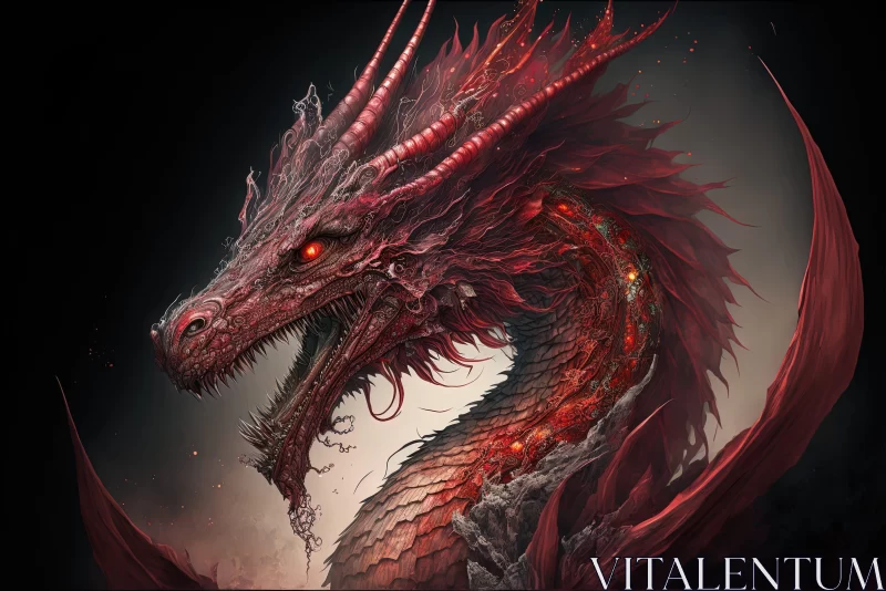 Detailed Red Dragon Illustration Against Dark Background AI Image