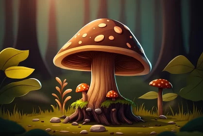 Fantasy Cartoon Mushroom in Forest - 2D Game Art Illustration AI Image