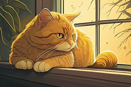 Orange Cat Looking Out the Window: Graphic Novel Style Illustration