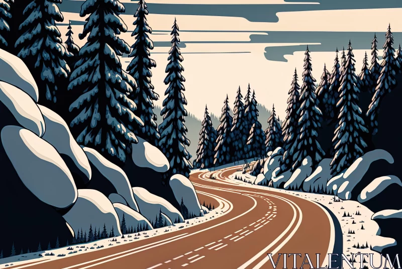 Art Nouveau Inspired Illustration of Snowy Mountain Road AI Image