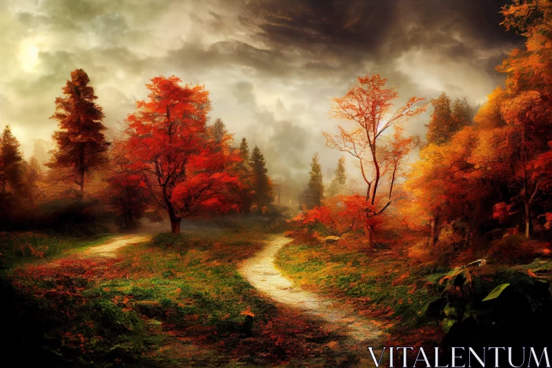 Autumnal Forest Path: A Fantasy Landscape in Amber and Cyan AI Image