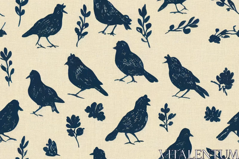 Blue Birds on White Cloth: A Folk-Inspired Naturalist Illustration AI Image