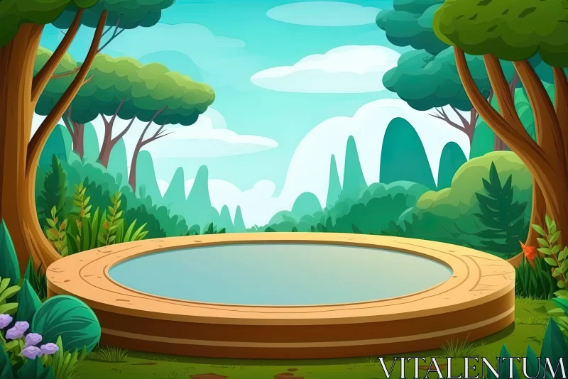 Cartoon Forest with Wooden Pool and Cascading Waterfall AI Image
