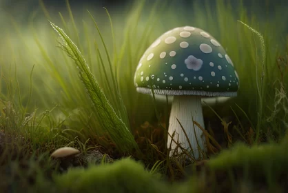Enchanting Mushroom Amidst Grass in a Dreamy, Storybook Style AI Image