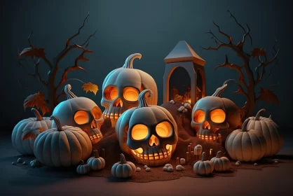 Halloween Scene with Lighted Pumpkins and Skeletons