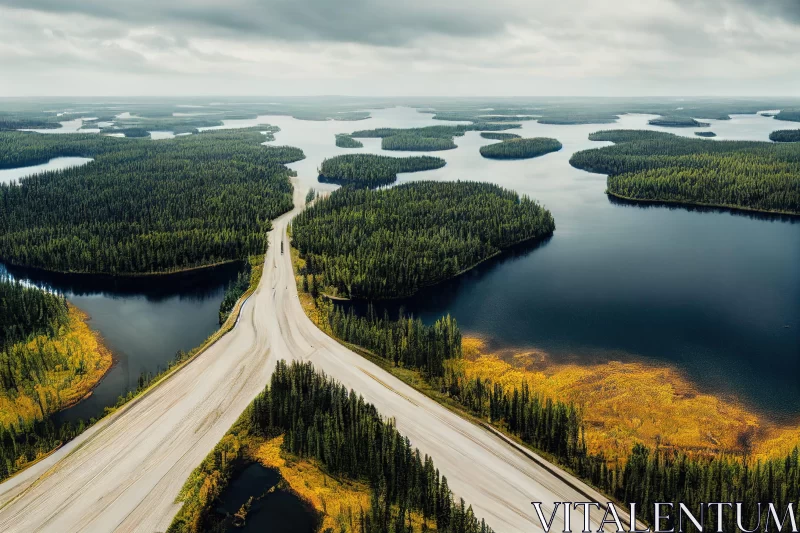 Highway Through Lakes and Forest - Aerial Landscape AI Image
