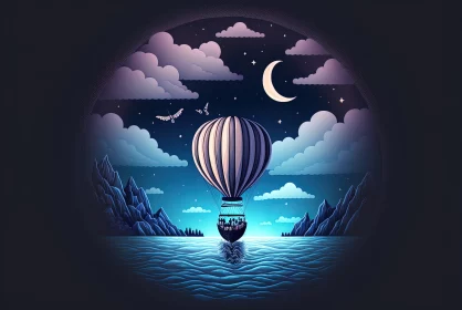 Hot Air Balloon Night Sky - A Folk Art-Inspired Optical Illusion AI Image