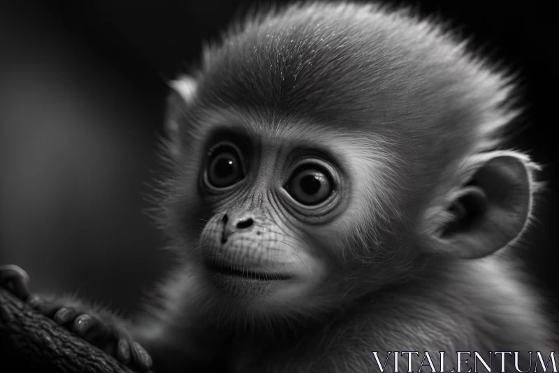 Monochrome Portrait of a Baby Monkey AI Image
