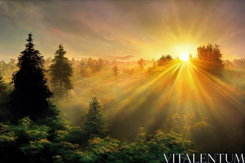 Sunrise in Misty Forest - English Countryside Panorama AI Image