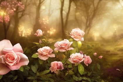 Tranquil Gardenscape: Pink Roses in a Forest