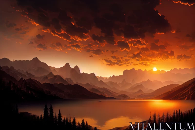 Beautiful Sunset Scenery Over Mountains and Beach - Fantasy Art Landscape AI Image