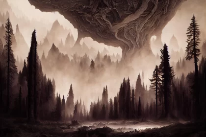 Enchanting Forest Landscape: A Monochrome Mushroomcore Masterpiece