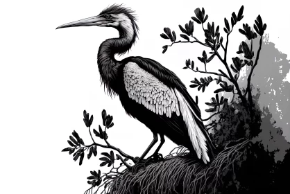 Intricate Black and White Heron Illustration