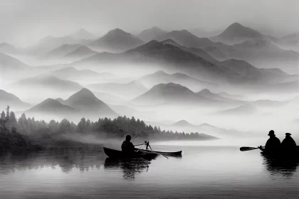 Monochromatic Serenity: Canoe Journey in Misty Mountain Landscape