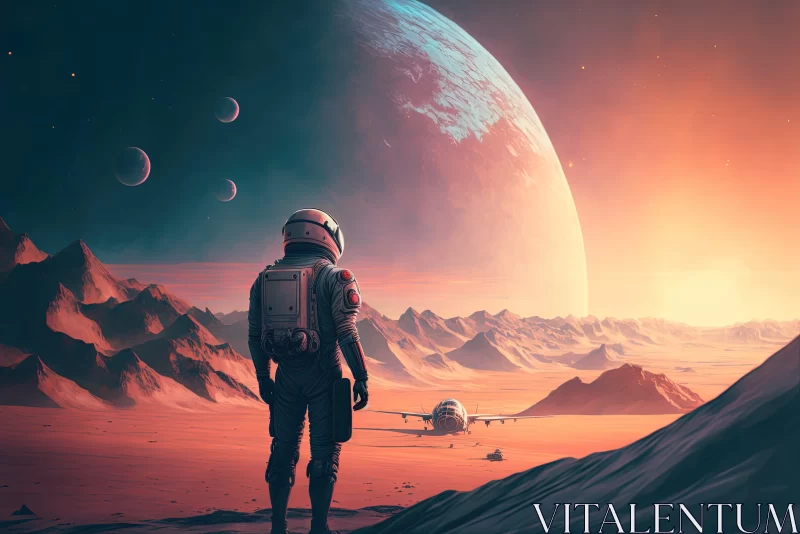 Mysterious Figure in Alien Landscape with Planets and Spacecraft AI Image
