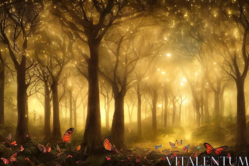 Mystical Forest Landscape with Butterflies - Ethereal Beauty in Amber and Gold AI Image