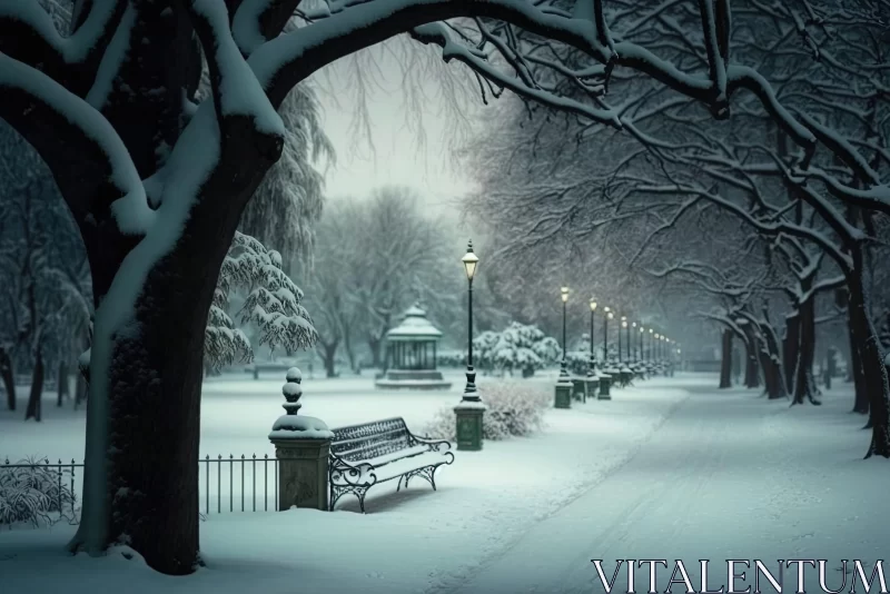 Snowy Night in New York City Park - A Romantic Victorian Glasgow Style Landscape AI Image