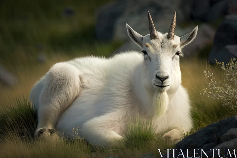 White Mountain Goat in Lush Grass - A Tranquil Wilderness Portrait AI Image