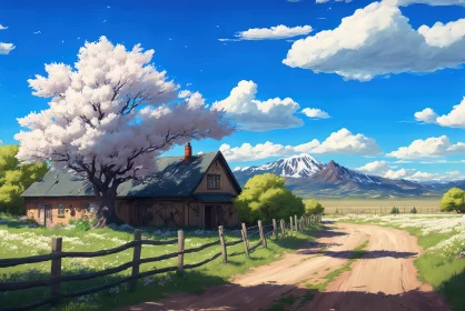 Anime Landscape: Tranquil Scenes with Cherry Blossoms AI Image