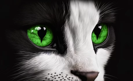 Captivating Black and White Cat with Green Eyes - Digital Art