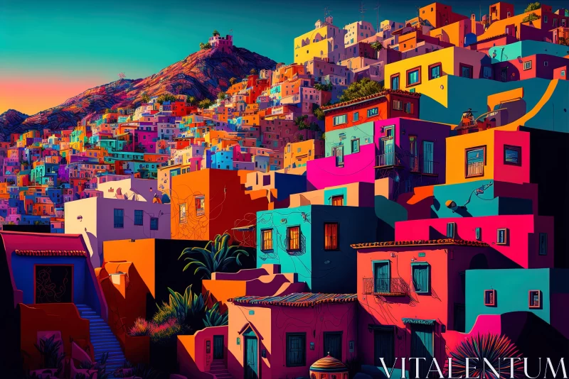 Colorful Cityscape: A Neo-Pop Illustration of Mediterranean Landscapes AI Image