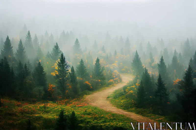 Enchanting Foggy Path in Multicolored Woodland AI Image