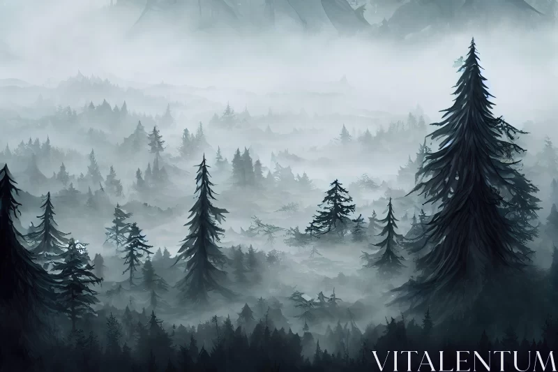 Foggy Forest and Mountain Peaks in Traditional Oil Painting AI Image